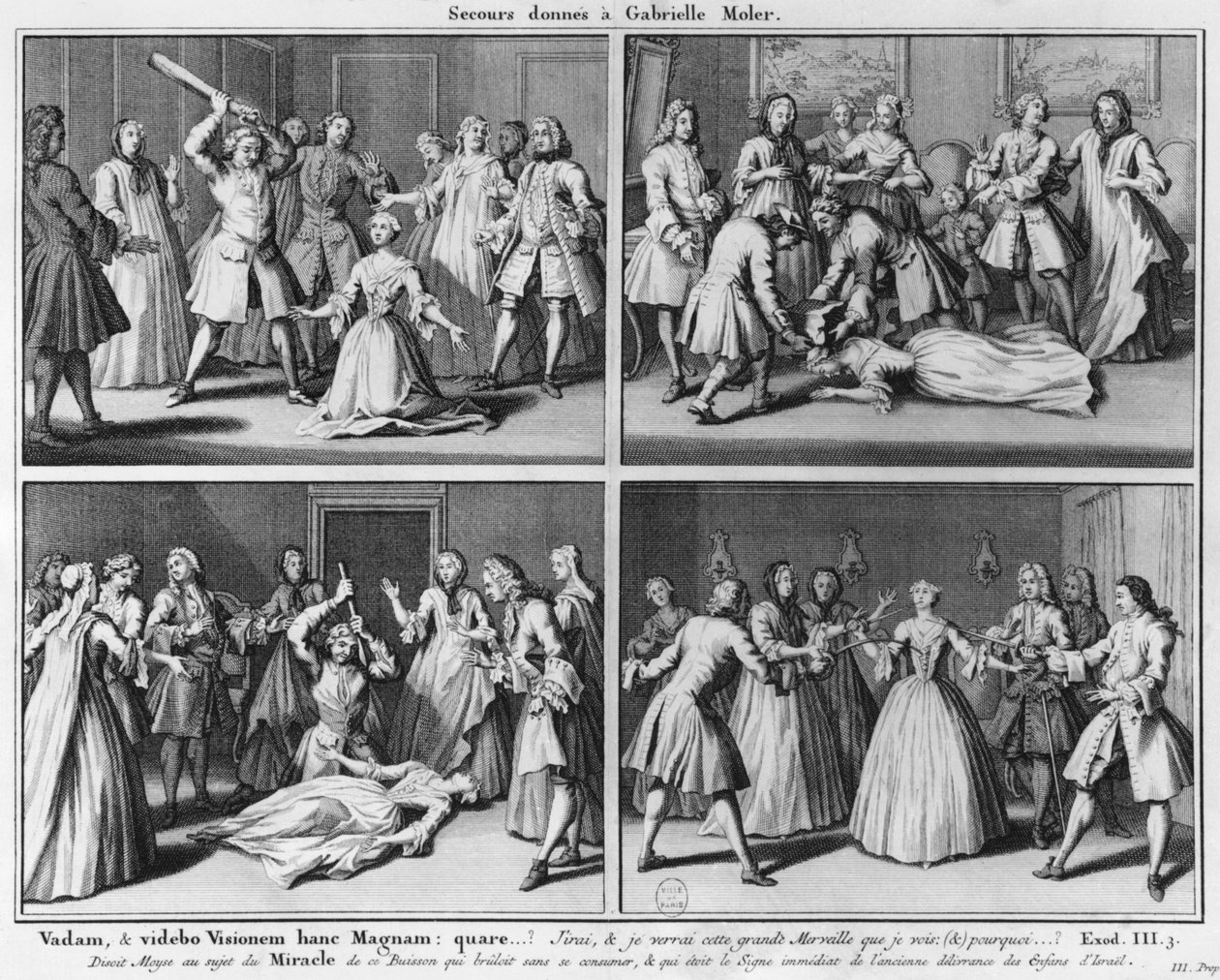 Praxe pomoci Gabrielle Moler, ilustrace z knihy La verite des miracles de M. de Paris... od Louise Basile Carre de Montgeron (1686-1754) 1747, Kolín nad Rýnem od French School
