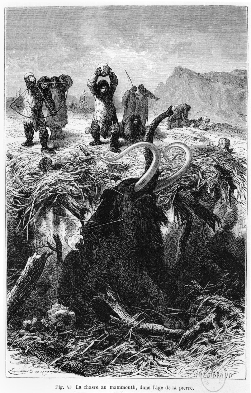 Prehistoričtí muži lovící mamuta, ilustrace z LHomme primitif od Louise Figuiera, vydáno Hachette, Paříž, 1870 od French School