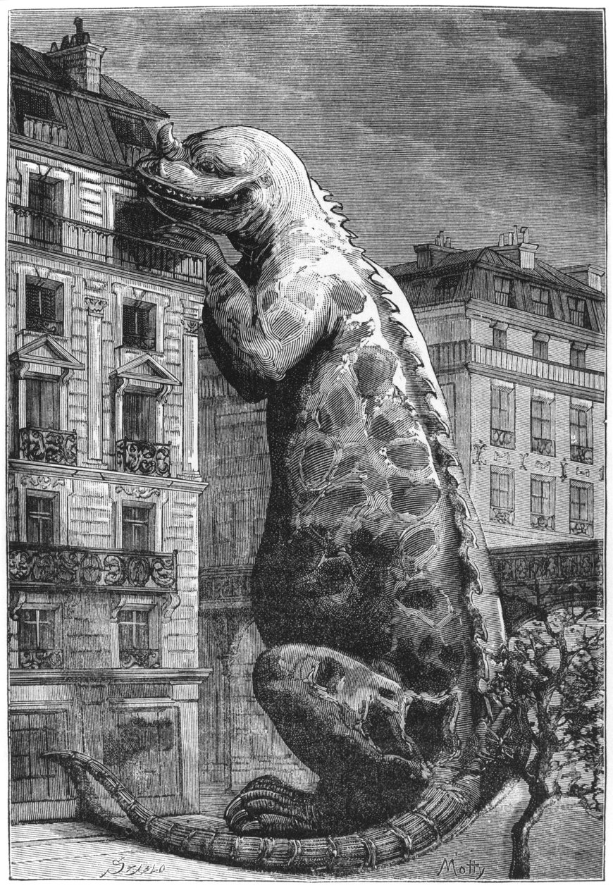 Prehistorické monstrum v moderním městě, vyryto Mottym (19. století), ilustrace z Le Monde Avant la Creation de l