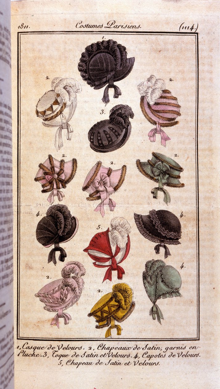 Premier empire fashion: různé modely dámských klobouků, sametové helmy, saténové klobouky, klobouky a kondomy. Rytina z roku 1811 od French School