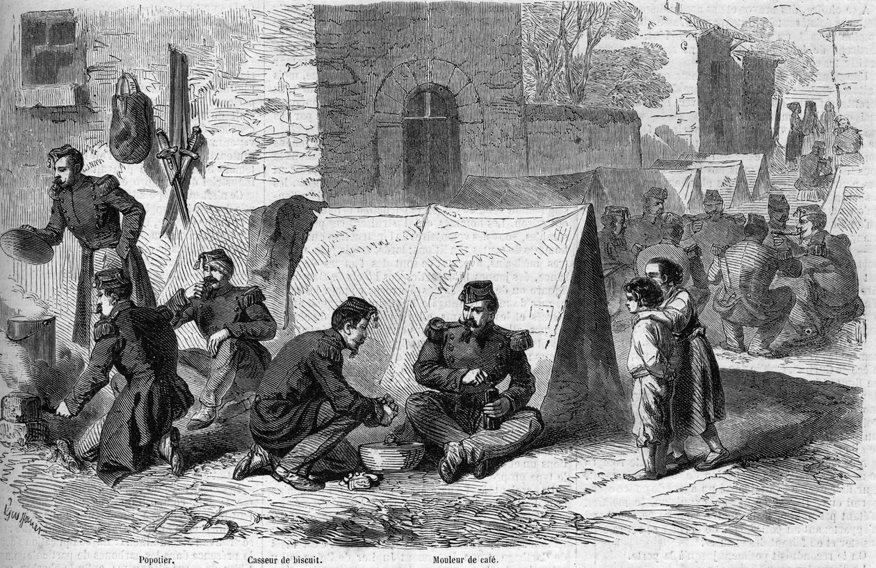 Příprava “”popote”” (jídla) 1. pluku granátníků francouzské císařské gardy během Risorgimenta. Zleva doprava: „potter“, „lámač sušenek“ a „kávovar“. Cavriana, Itálie od French School