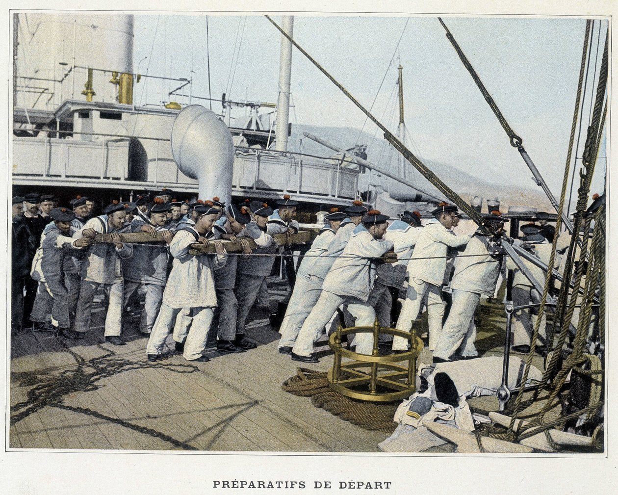 Přípravy na odjezd - v ""Vojenské album - Navy: Život na palubě" od French School