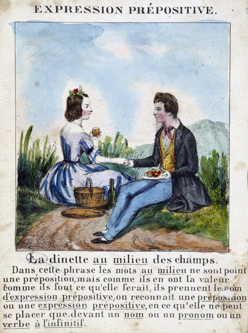 Předložkový výraz (La dinette au milieu des champs) - gramatika v obrazech, cca 1850 od French School