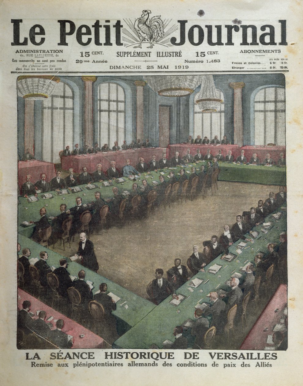 Prezentace spojeneckých mírových podmínek německým delegátům dne 7. května 1919 ve Versailles, přední obálka Le Petit Journal, 25. května 1919 od French School
