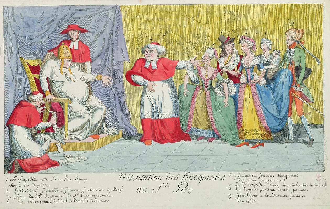 Představení klisen Svatému otci, karikatura představení Adelaidy (1732-1800) a Victoire de France (1733-99) papeži, 17. dubna 1791. od French School