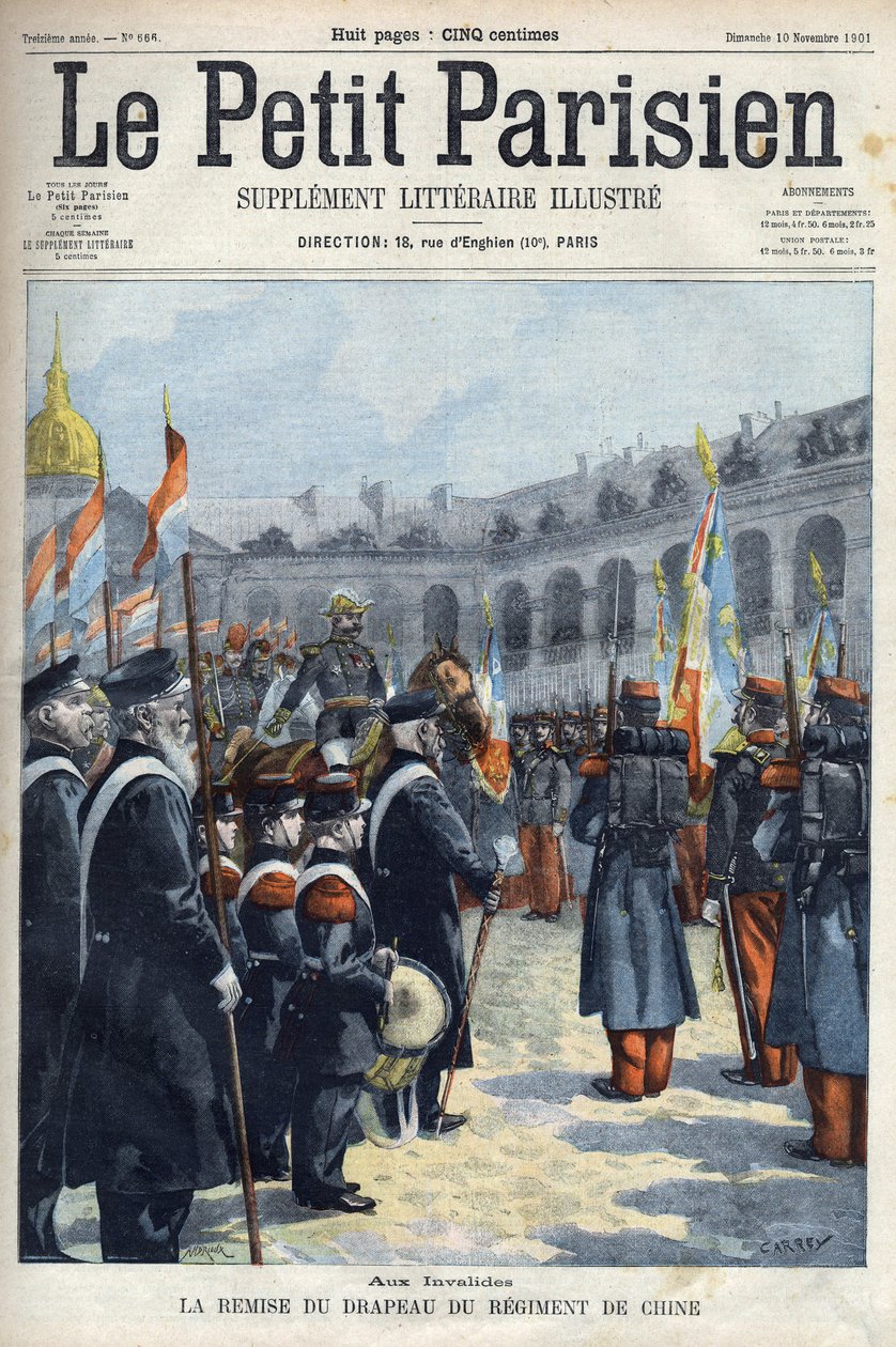 Předání vlajky pluku Číny generálem Faure Biguetem (Faure-Biguet) guvernérovi generála Arnouxe na Invalidovně v Paříži, v „Le petit Parisien““ 1901 (rytina) od French School