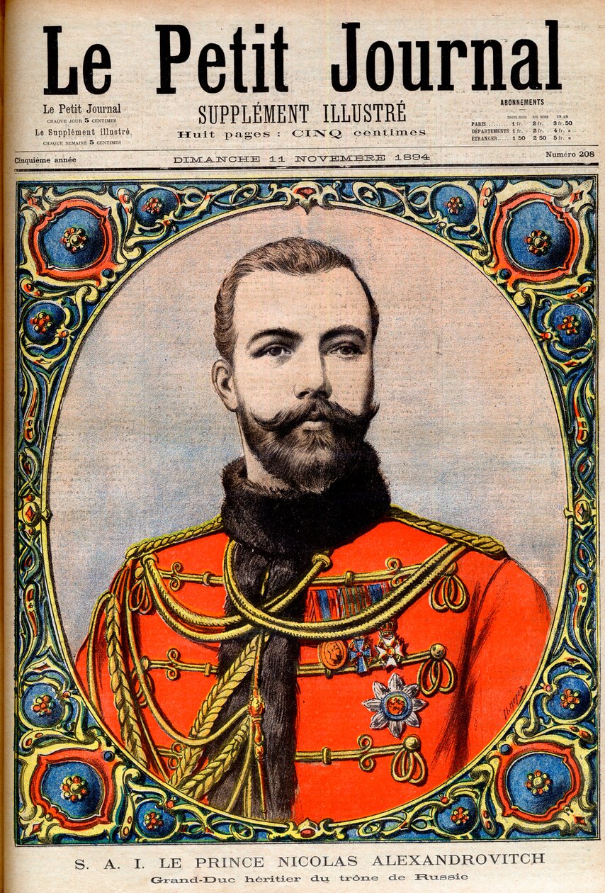 Princ Nicholas Alexandrovič, následník ruského trůnu (budoucí císař a car Mikuláš II.) Princ Nicholas Alexandrovič, velkovévoda ruského trůnu. Ilustrace pro Le Petit Journal od French School