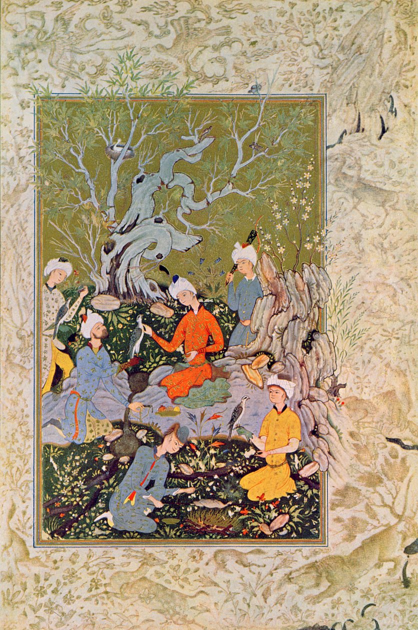 Princ na lovu se sokoly, ilustrace k Arabským nocím, 1895 (barevná rytina) od French School