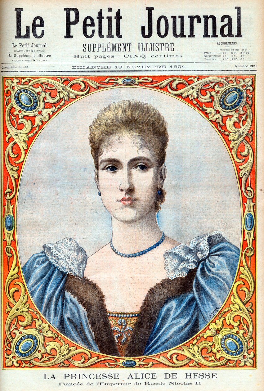 Princezna Alix Hesenská (Alexandra Feodorovna) (Alexandra Feodorovna Romanov) snoubenka ruského cara Nicholase II. Princezna Alice Hesenská a Rýnská (1872-1918). Snoubenka ruského císaře Mikuláše II. Ilustrace pro Le petit Journal od French School