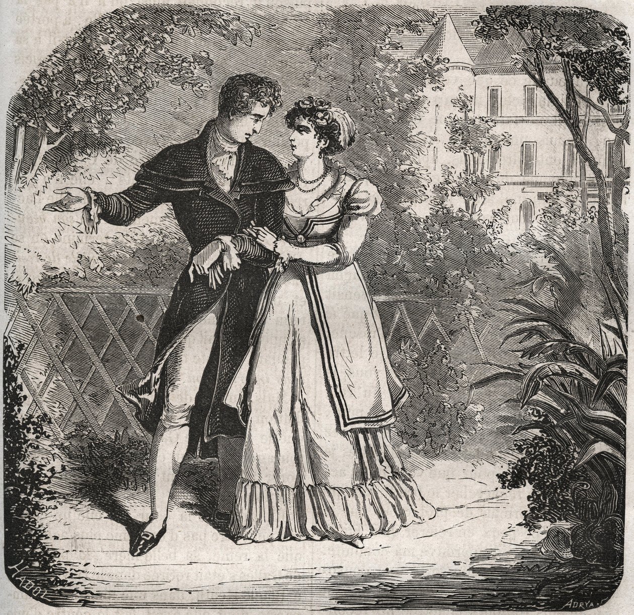 Princezna z Walesu Carolina of Brunswick (1768-1821) na procházce se svým milencem Bartolomeem Bergamim. Rytina z roku 1871 v „Histoire Des Cocus Celebres““ od Henryho de Kocka (1819-1892). od French School