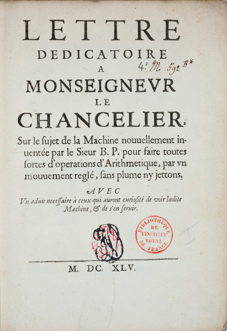 Tištěný dedikační dopis o vynálezu počítacího stroje od Blaise Pascala (1623-62) 1645 od French School