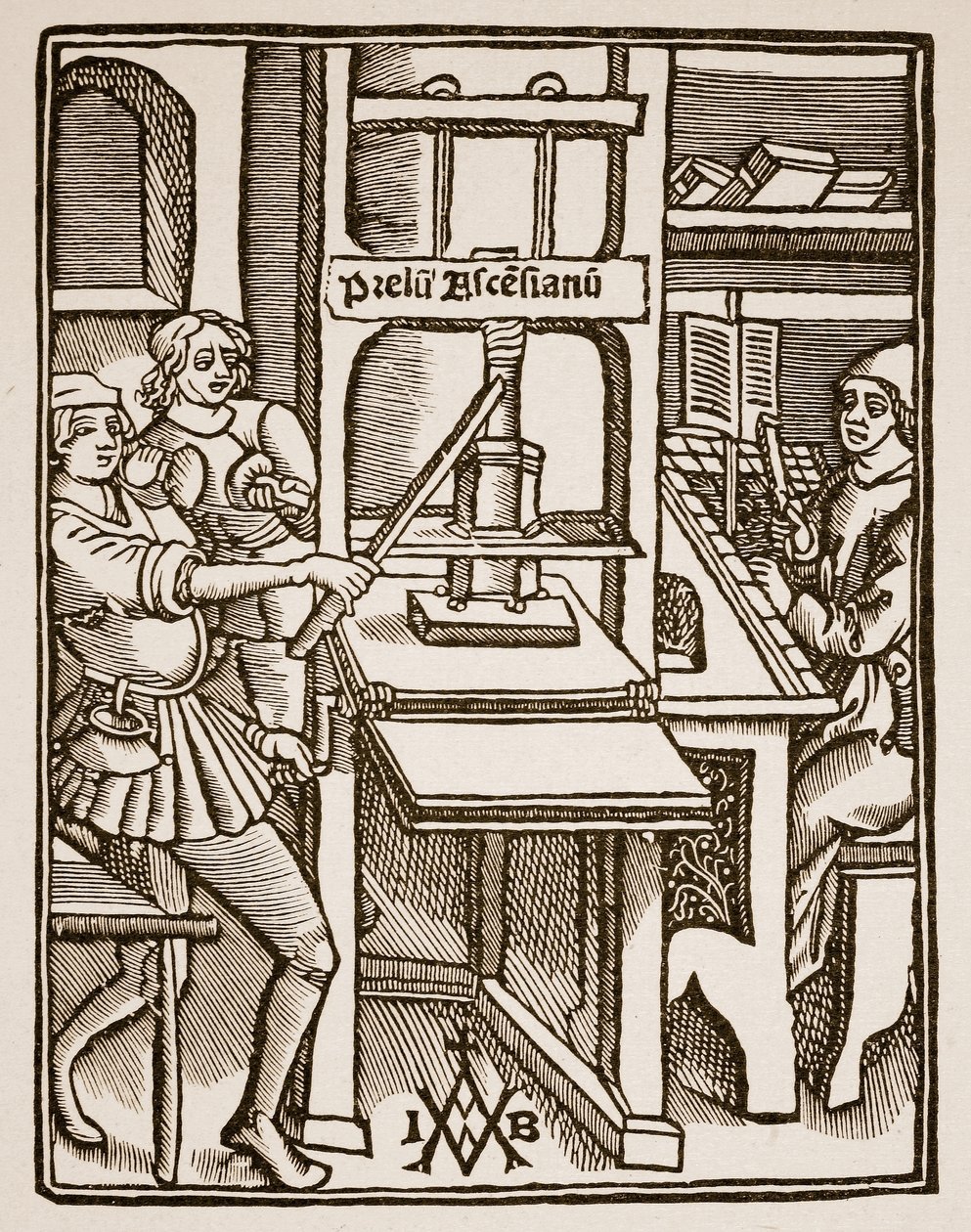 Tiskárna, titulní list knihy Hegesippus, vytiskl Jodocus Badius Ascensius, Paříž, 1511 (sépiová fotografie) od French School