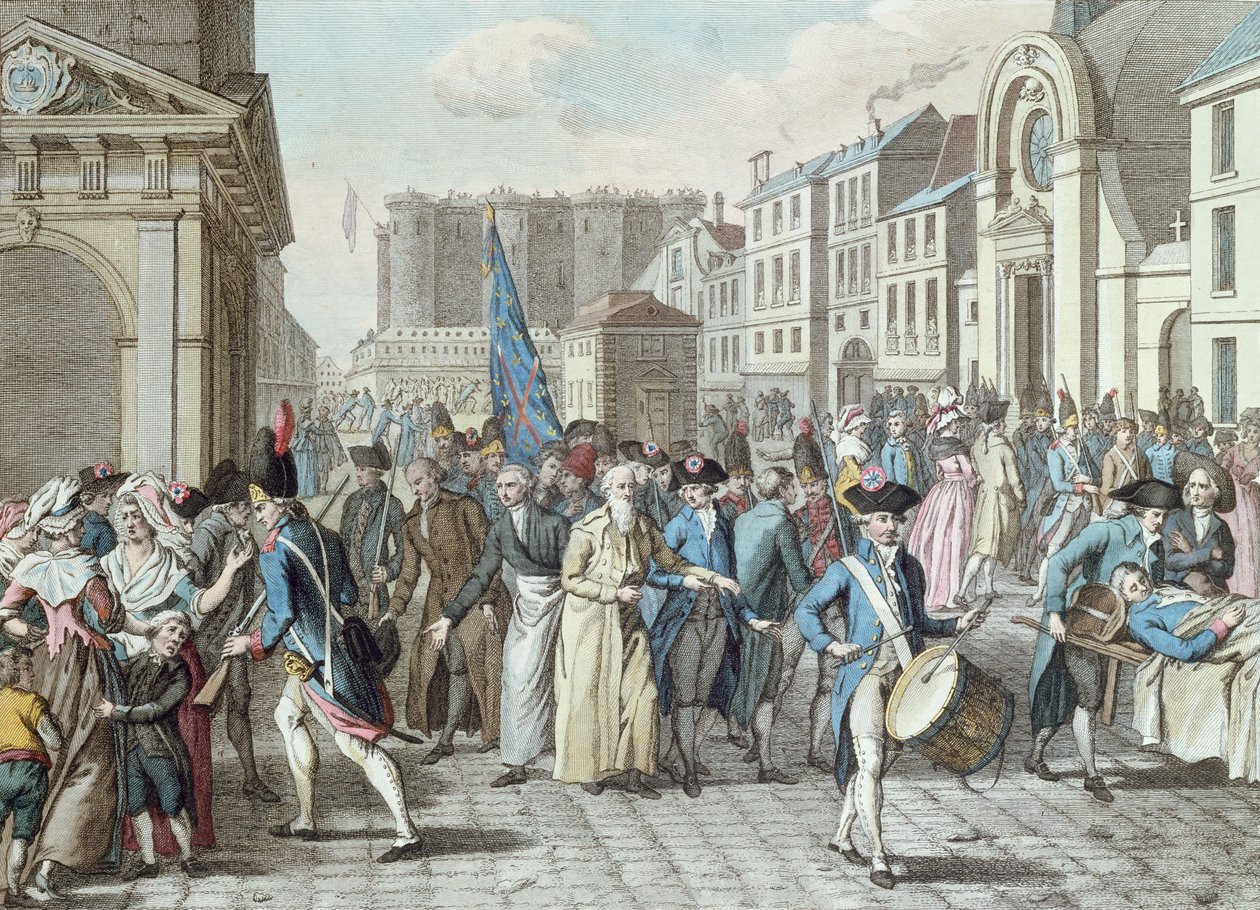 Vězni v ulici Saint-Antoine po propuštění z Bastily 14. července 1789 od French School