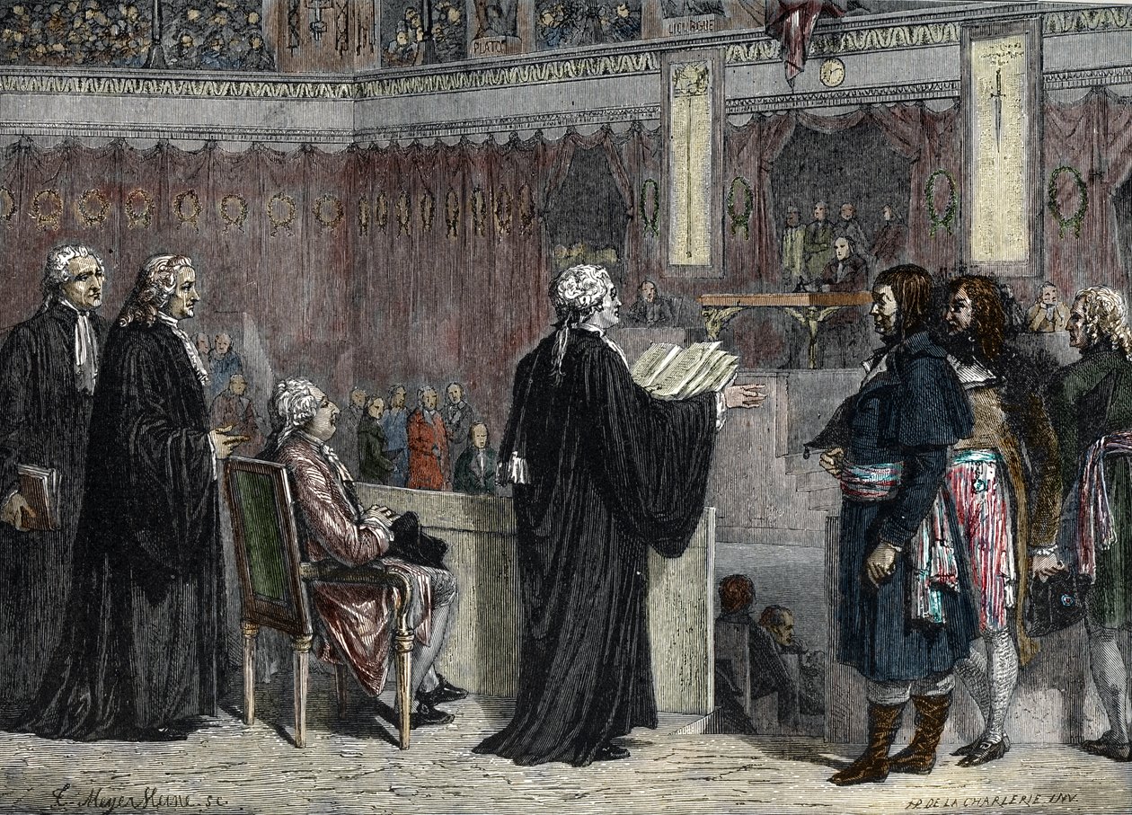 Proces de Louis XVI: vystoupení Ludvíka XVI. před zástupci Národního shromáždění (barevná rytina) od French School