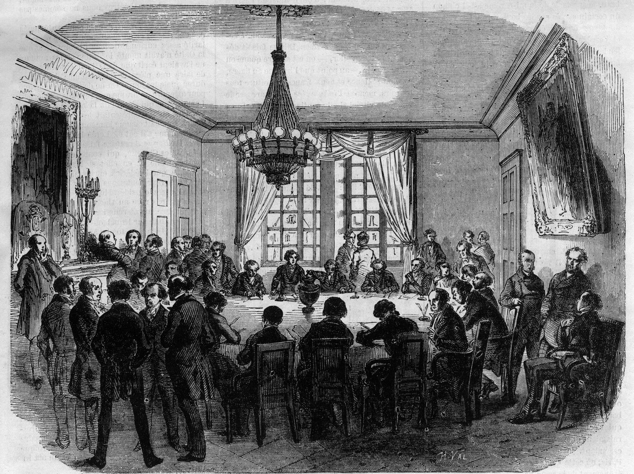 Proces prince Pierra (Pierre-Napoleon) Bonaparte (1815-1881) - porota Nejvyššího soudního dvora připravuje svůj verdikt v jednacím sále - Rytina z roku 1870 od French School