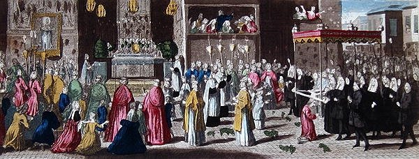 Procesí během Fete-Dieu v Paříži (barevná rytina) od French School