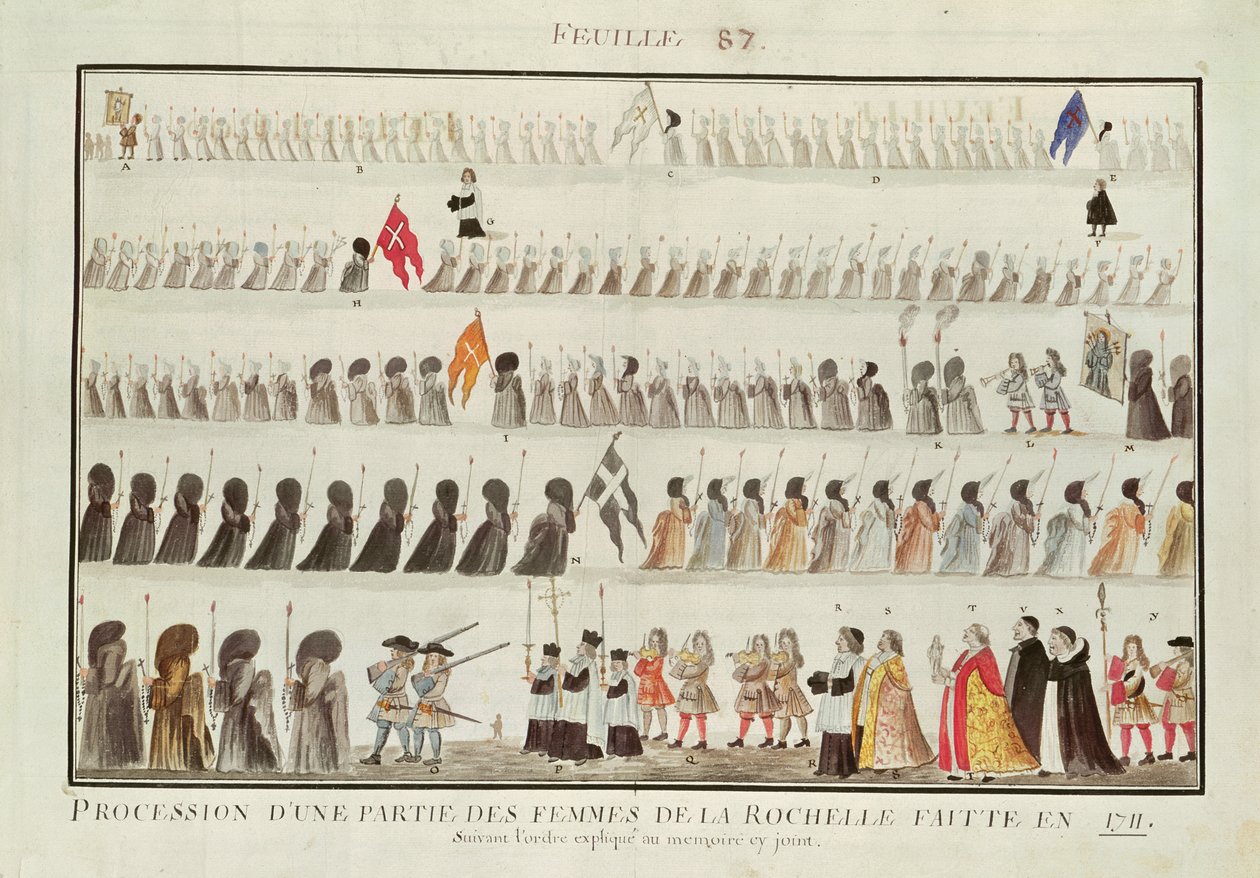 Průvod skupiny žen z La Rochelle, 1711 od French School