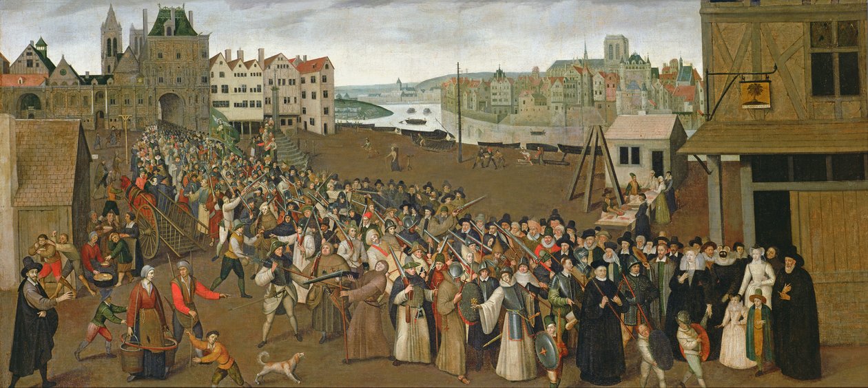 Procesí Svaté ligy na náměstí Place de Grève, opouštějící oblouk Saint-Jean, Paříž, 1590-3 od French School