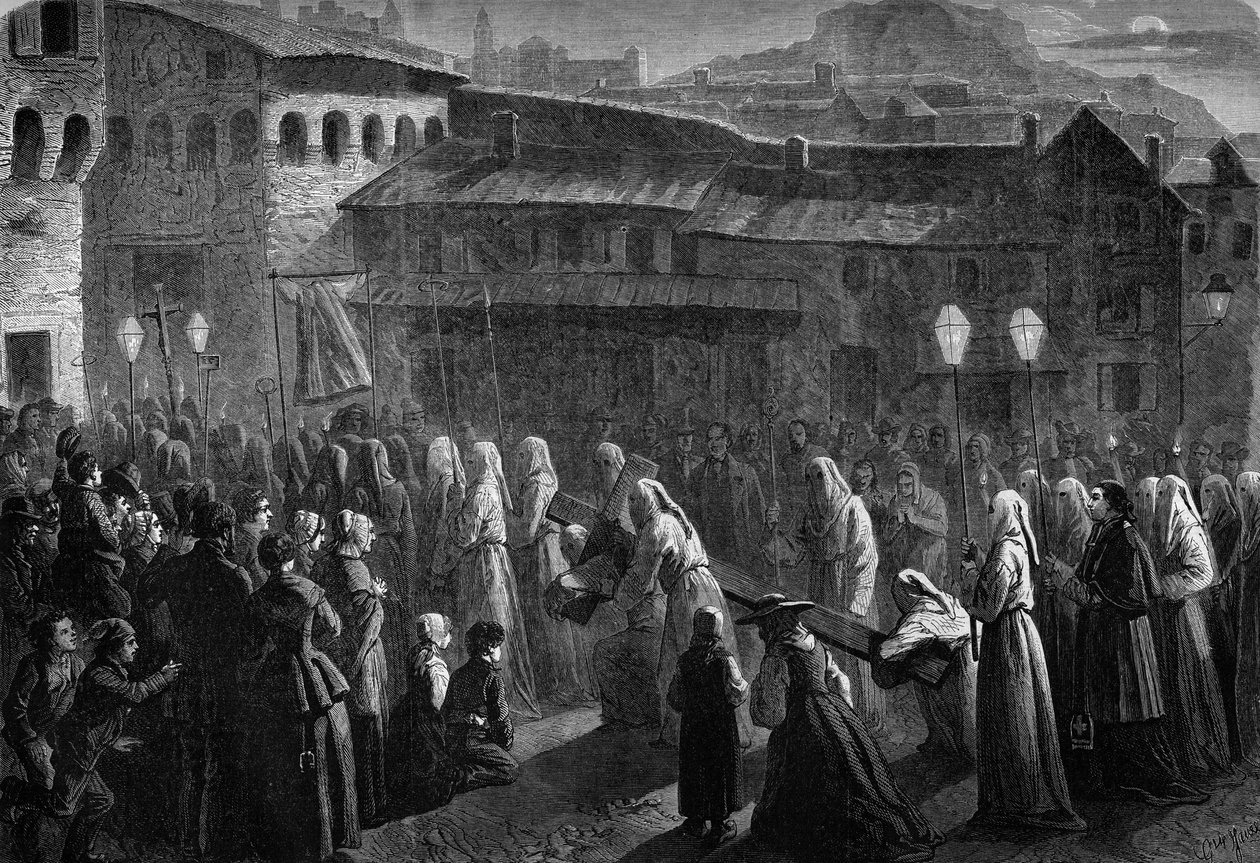 Procesí kajícníků de Confalais, náboženský jam jižní Francie v Puy en Velay, Haute Loire (43) od French School