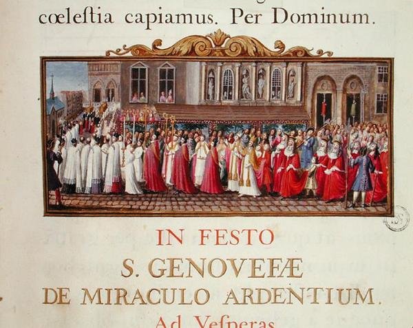 Průvod relikviáře sv. Genevieve, z rukopisu na mši zasvěcenou svaté Genevieve od French School
