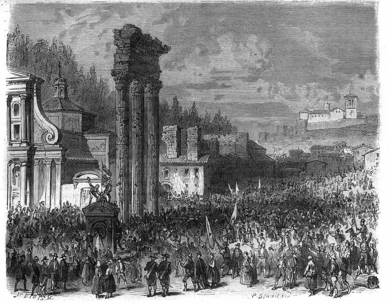 Vyhlášení římské republiky v roce 1798. (Proclamation della repubblica romana nel 1878) Rytina v „Histoire des Papes-King-Queen-and-Empereurs a travers les století“ od Maurice Lachatre od French School
