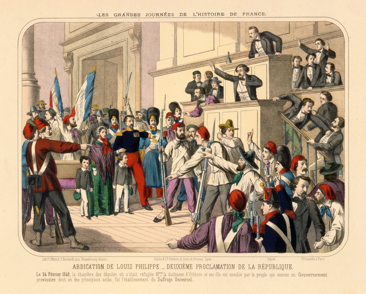 Proklamace druhé francouzské republiky během únorové revoluce, 24. února 1848, brožovaný list vydaný nakladatelstvím Gadola, Lyon, 1848 od French School
