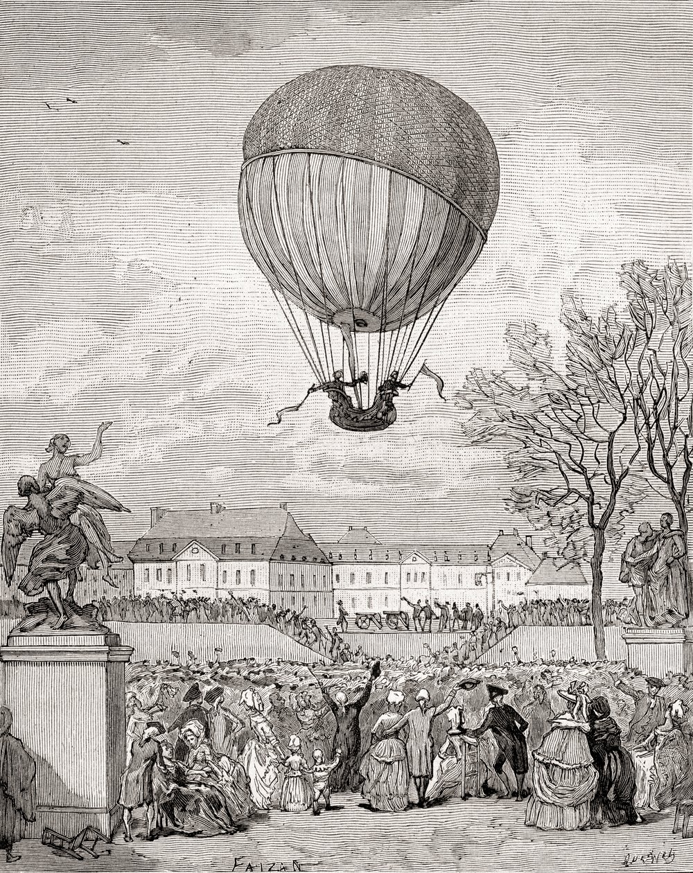 Profesor Jacques Charles a Nicolas-Louis Robert létají 1. prosince 1783 s prvním pilotovaným vodíkovým balonem na světě v Tuilleries Gardens v Paříži z „Histoire de France“, vydaného kolem roku 1880 (rytina) od French School