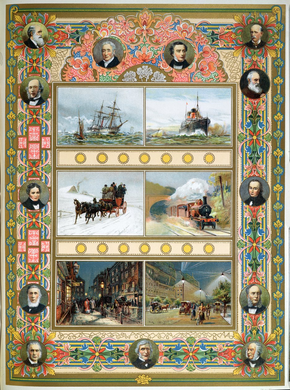 Pokrok za vlády královny Viktorie (1819-1901). Plachetnice, parní lodě, parní vlak a plynové a elektrické pouliční osvětlení, 1887 od French School