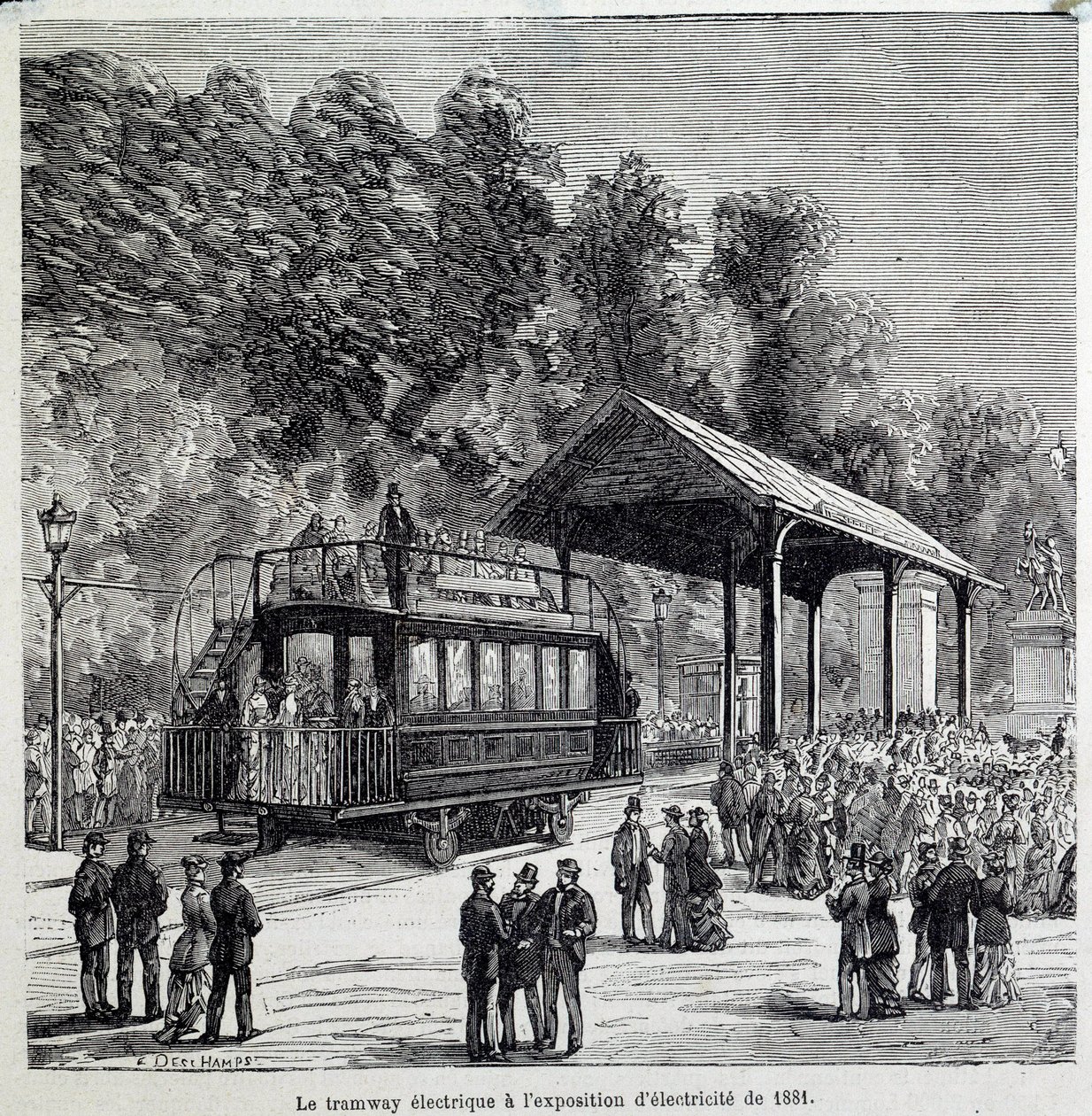 Pokrok v dopravě: elektrická tramvaj vystavovala elektřinu v roce 1881. Rytina 19. stol. od French School