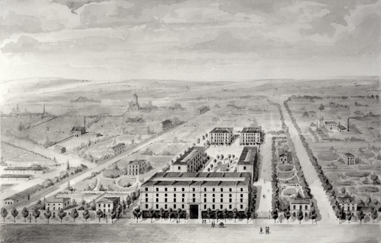 Projekt sídliště Napoleon, rue Rochechouart 58, Paříž, 1849 (čb na papíře) od French School