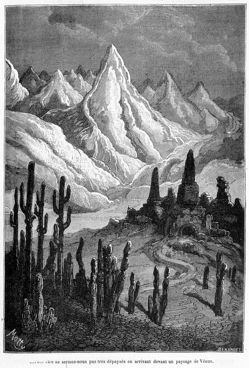 Imaginární projekce krajiny Venuše – v „Les Terres du Ciel““ od Camille Flammarion, ed. Marpon & Flammarion, Paříž od French School