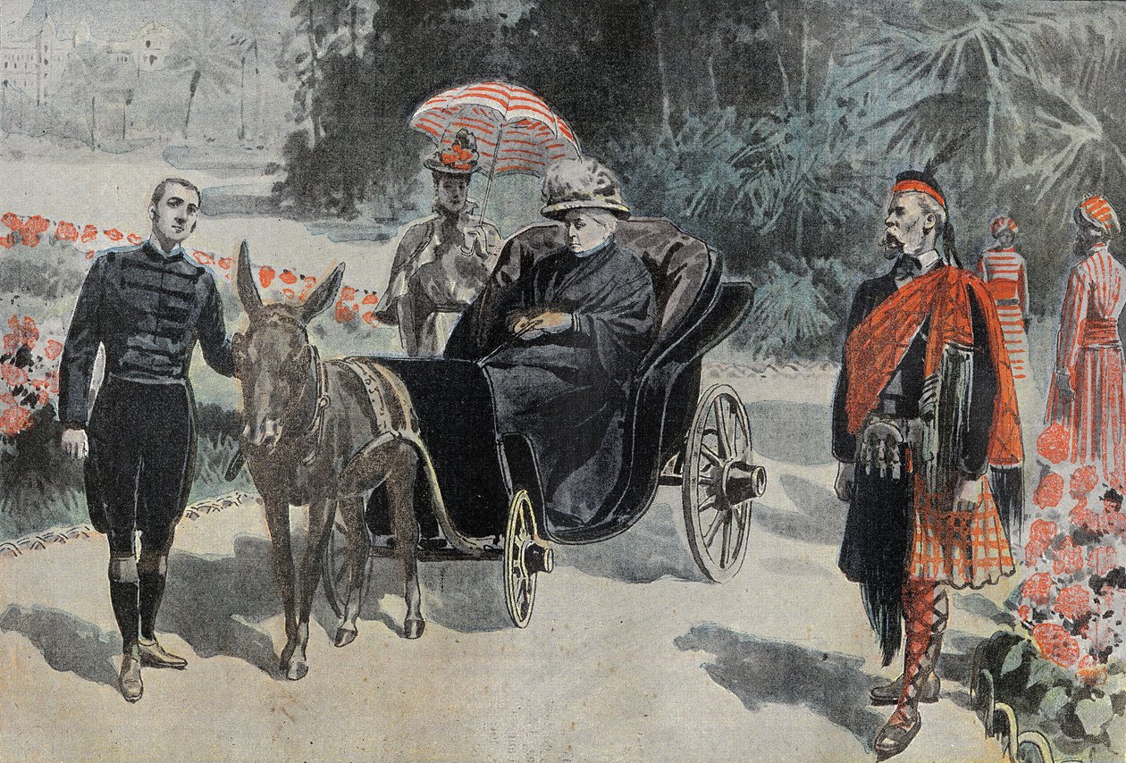 Promenade de Victoria I (1837-1901) Anglická královna, v parku hotelu Cimiez poblíž Nice. Rytina v “” Le Pelerin”” 26/03/1899. od French School