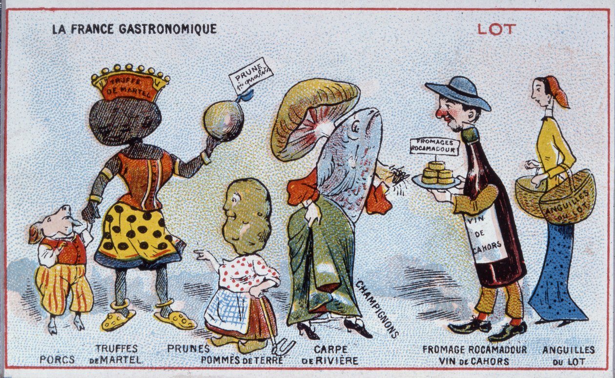 Propagační a vzdělávací karta zobrazující potravinářské speciality regionu Lot, c.1910 od French School