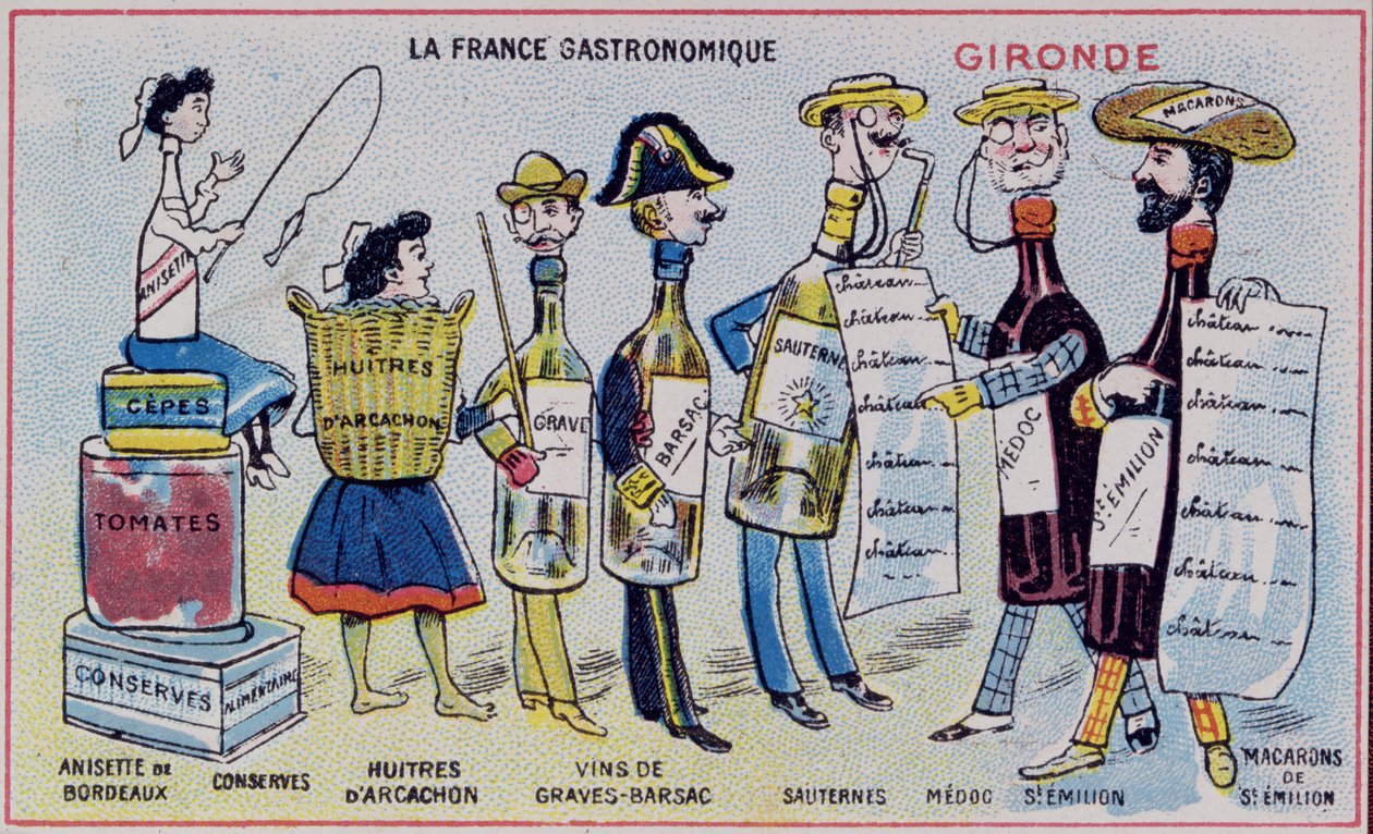 Propagační a vzdělávací karta pro děti zobrazující gastronomické speciality regionu Gironde. c.1910 od French School