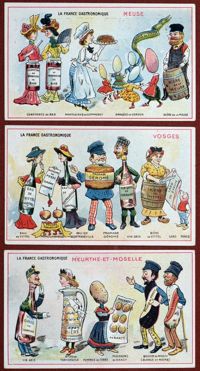 Propagační a vzdělávací karty pro děti zobrazující gastronomické speciality regionu Lotrinsko, kolem roku 1910 od French School