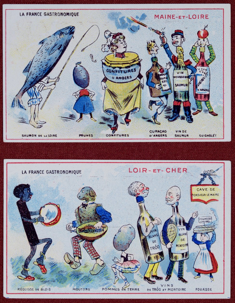 Propagační a vzdělávací karty pro děti zobrazující speciality z oblasti Maine-et-Loire a Loir-et-Cher, kolem roku 1910 od French School