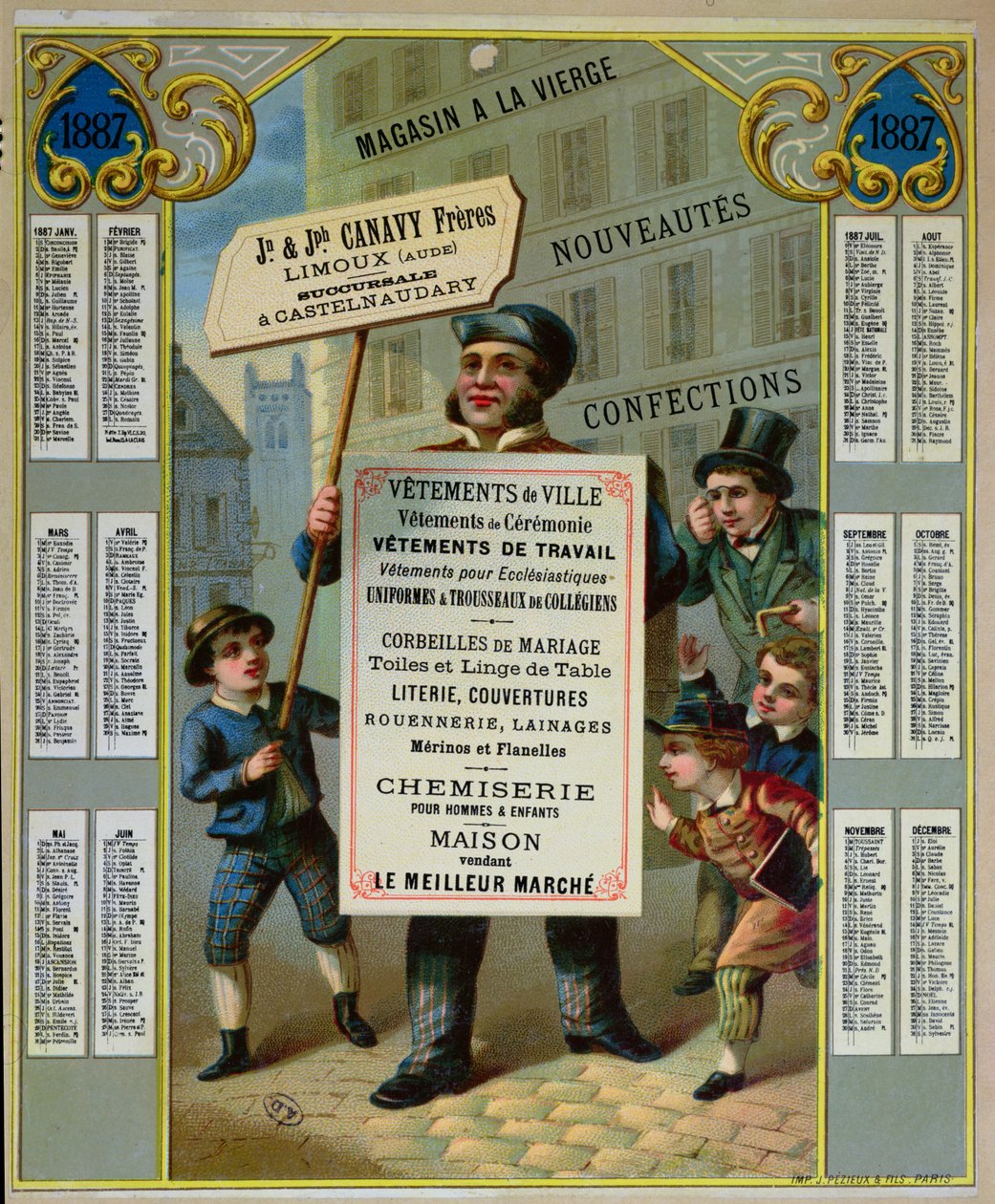 Propagační kalendář pro reklamu krejčovství a galanterie Canavy Freres na rok 1887, kolem roku 1886 od French School