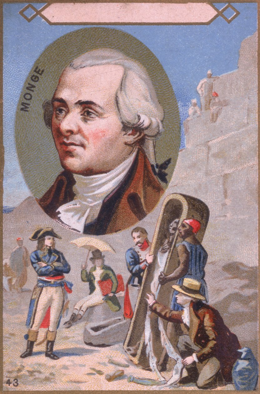 Propagační karta zobrazující Gaspard Monge (1746-1818) představující mumii Napoleona Bonaparte (1769-1821) během egyptského tažení, konec 19. století od French School