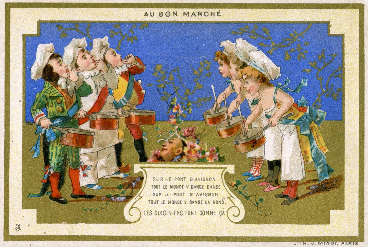 Propagační karta pro pařížský obchodní dům Au Bon Marché, zobrazující kuchaře tančící na mostě v Avignonu, kolem roku 1895 od French School