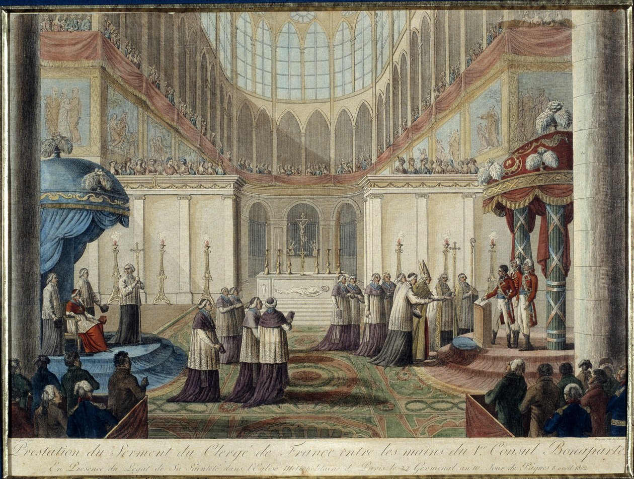 Promulgace konkordátu z roku 1801: přísežný kněží Francie do rukou 1. konzula Bonaparta, za přítomnosti legáta Jeho Svatosti v Metropolitní církvi v Paříži 22. zárodečného roku 10, velikonoční den 8. dubna 1802 od French School