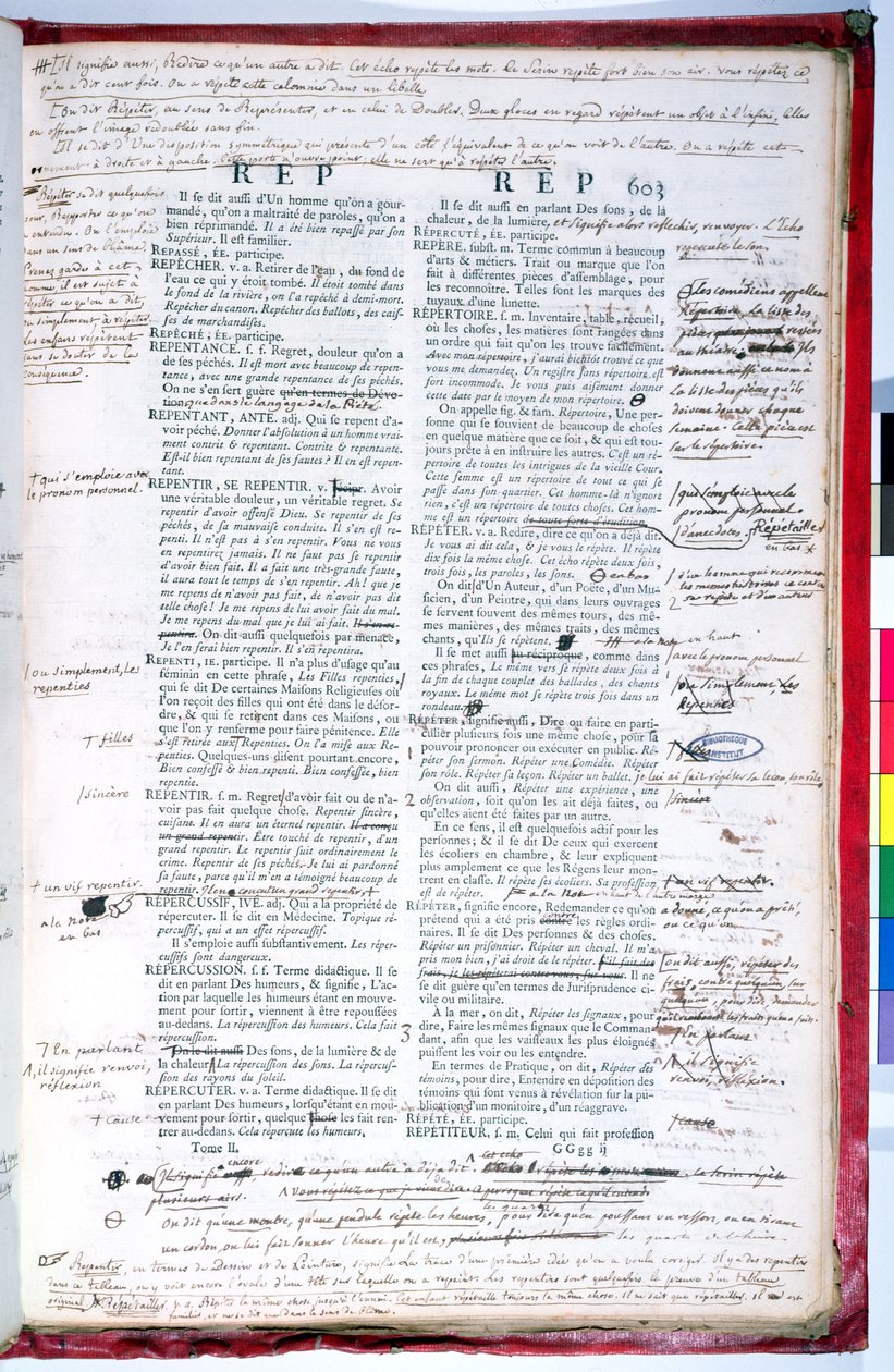 Korekturní list s opravami vydání slovníku Francouzské akademie (tuš na papíře) (viz též 179945) od French School