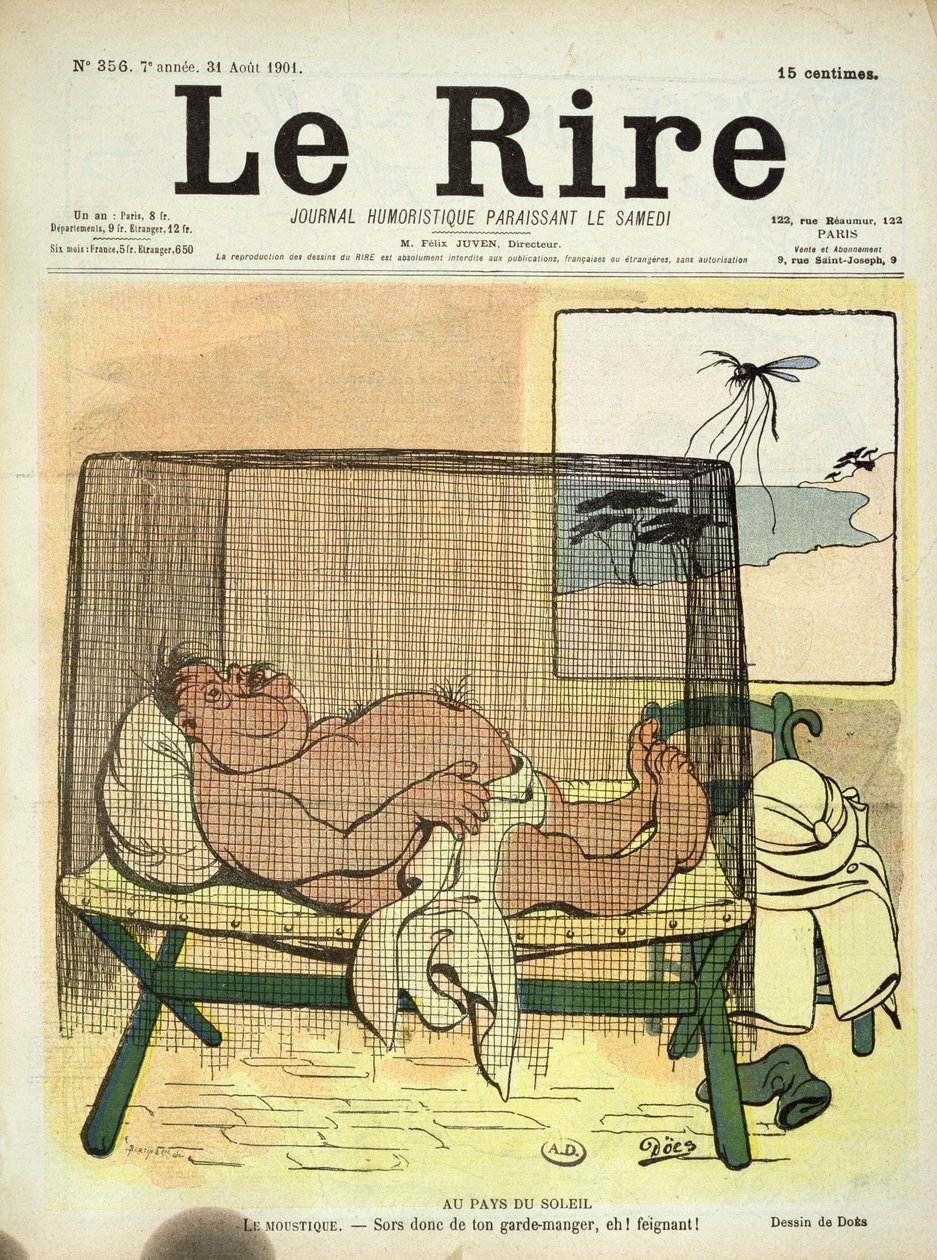 Ochrana před komáry v koloniích, z Le Rire, 31. srpna 1901 od French School