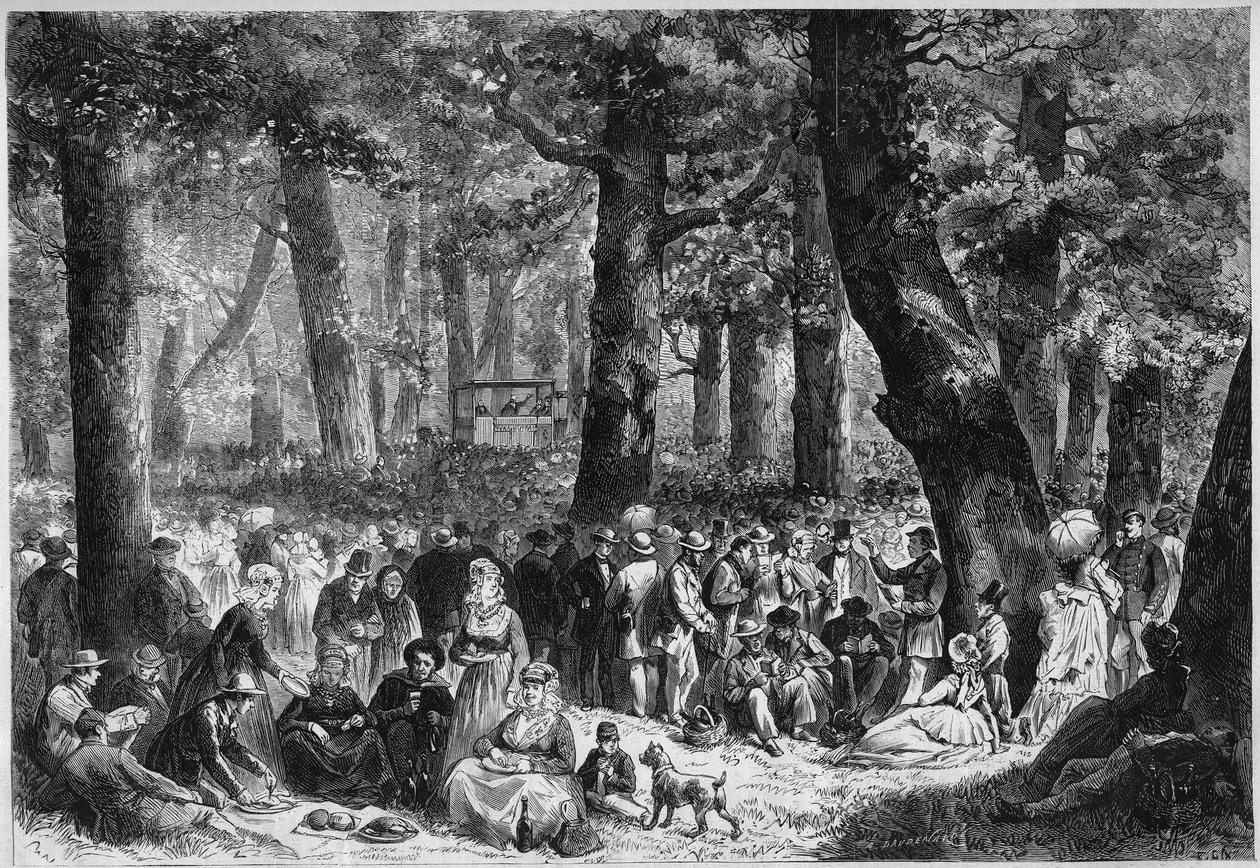 Protestantský zvyk: „zendingsfeest“ neboli festival misií konaný v Holandsku. Peleriny jedí během řeči prediktora. Rytina v „“ Le Monde Illustré““ č. 853 ze 16. srpna 1873. od French School