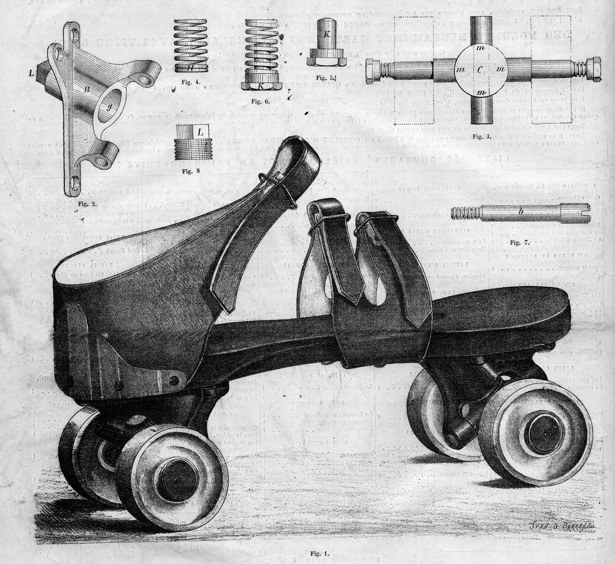 Prototyp kolečkových bruslí. Gravírování v „The Illustrous Universe“ od French School