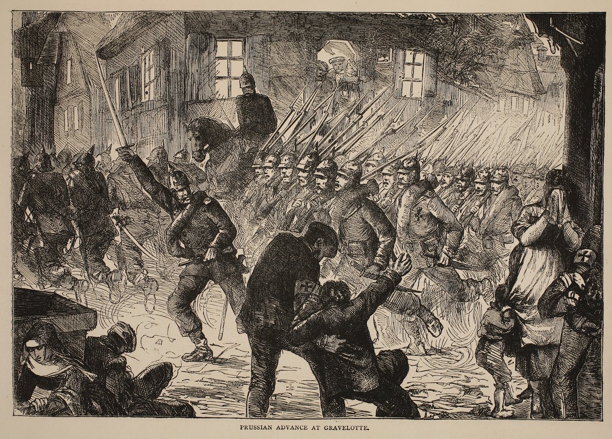 Pruský postup u Gravelotte, ilustrace z Cassells Historie války mezi Francií a Německem, 1870-1871 od French School
