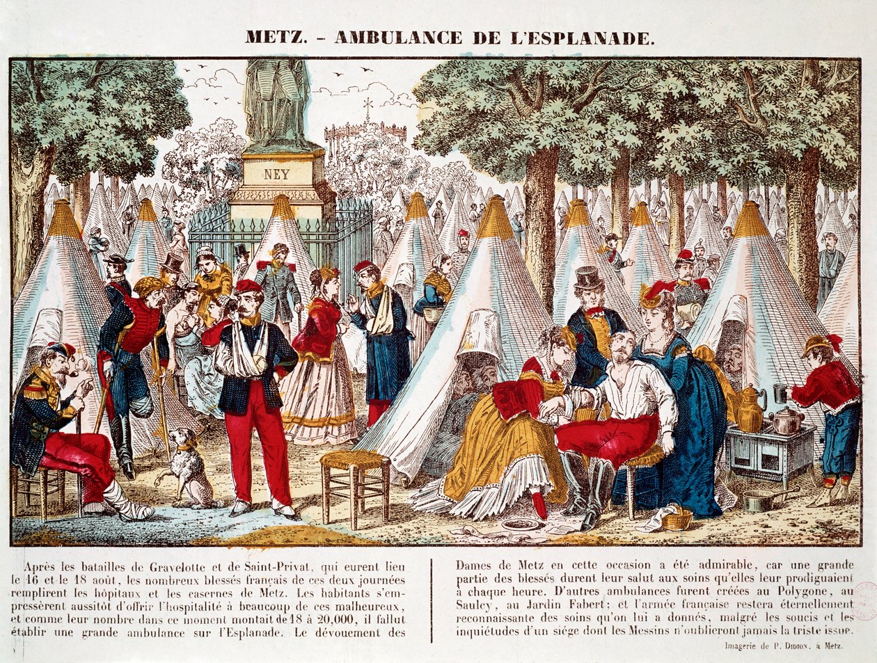 Pruská válka: sanitka instalovaná na promenádě k ošetření raněných v roce 1870 v Metz (rytina) od French School