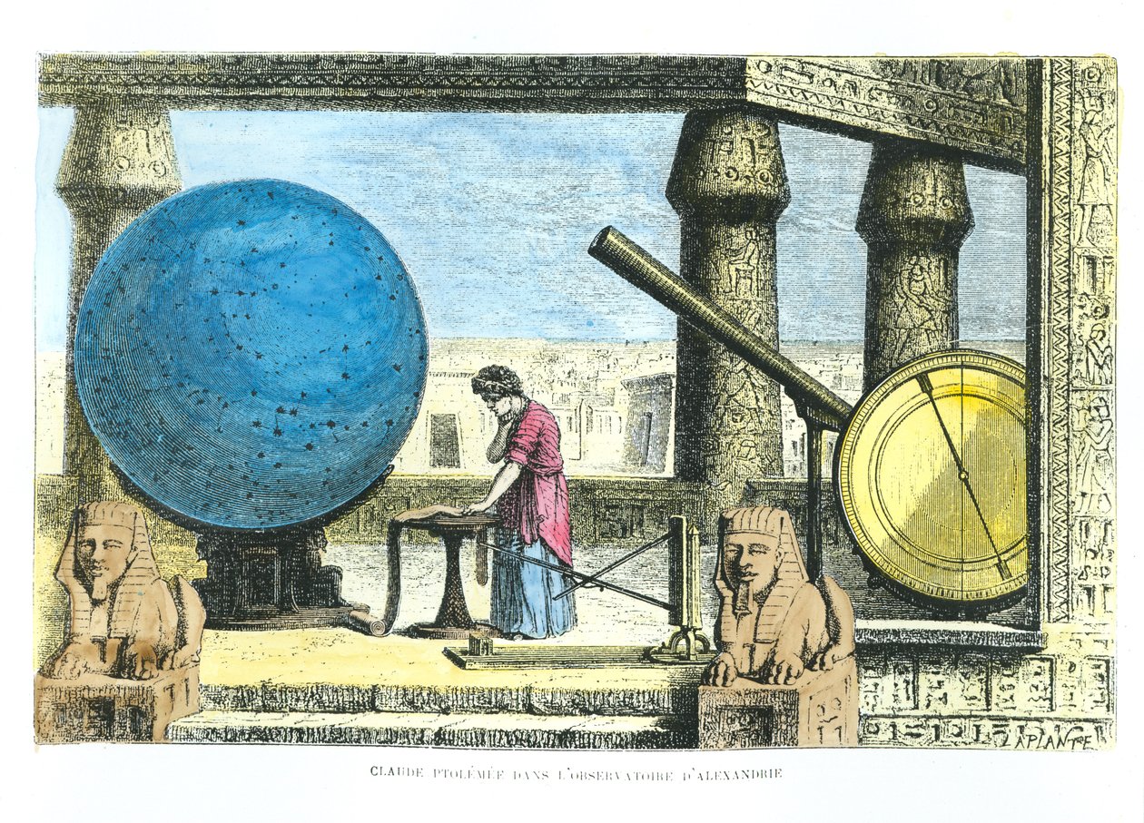 Ptolemaios (c.90-168) (Claudius Ptolemaeus) v observatoři v Alexandrii, z La Vie des Savants Illustres od Louise Figuiera (pozdější zbarvení) od French School