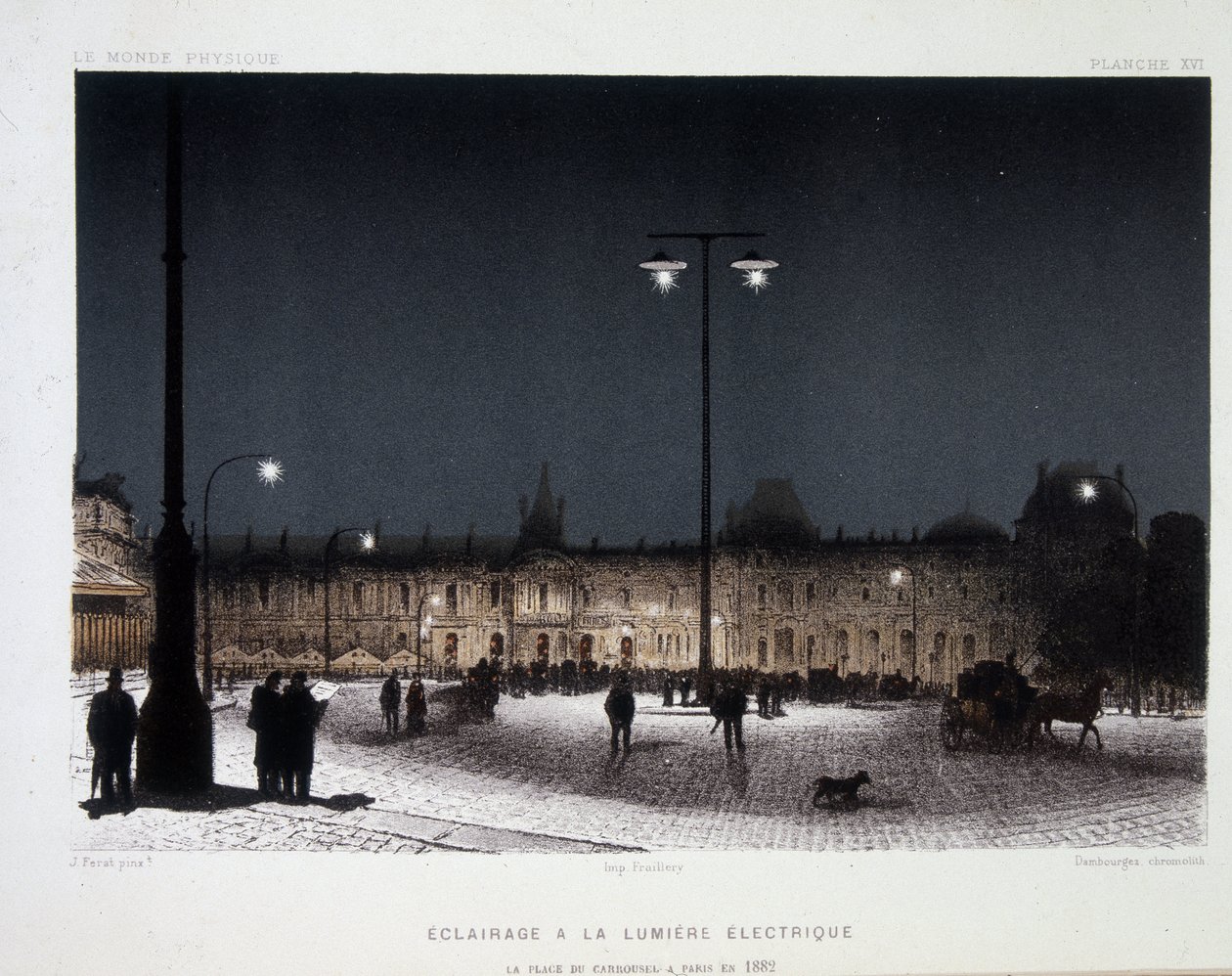 Veřejné osvětlení s elektrickým světlem na place du carrousel v Paříži 1883 - v „“magnetismu a elektřině““ od Amedee Guillemin od French School