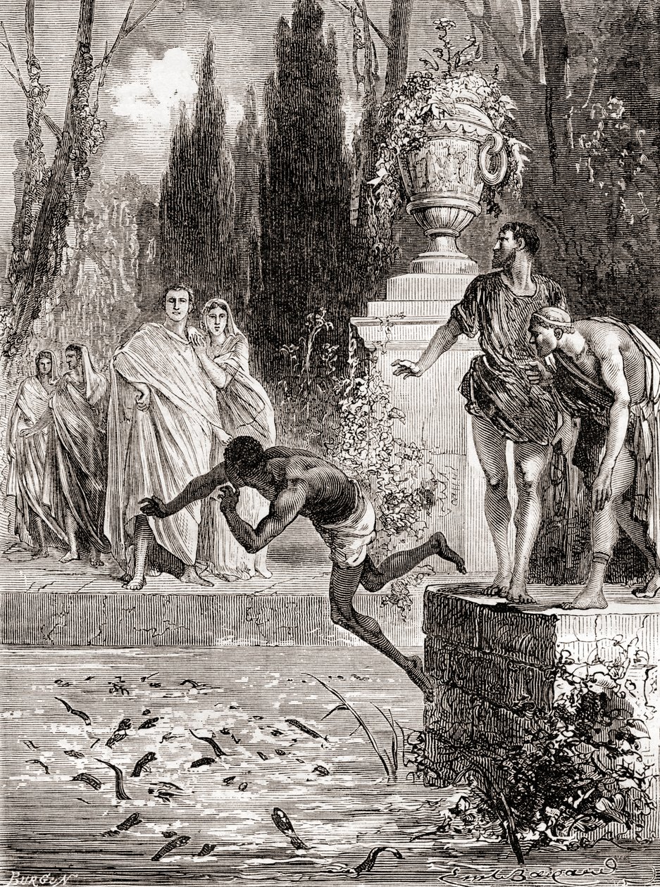 Publius Vedius Pollio, římský jezdec, krmící otroka svých úhořů mihulí, z Les Merveilles de la Science, vydáno kolem roku 1870 od French School