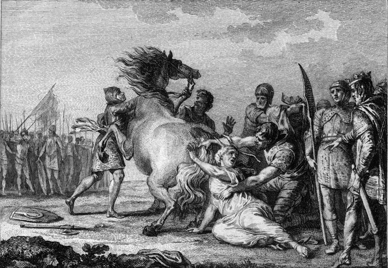 Trest Brunehaut, 613: Brunehaut nebo Brunehilde (543-613), královna Austrasie, je připevněna k ocasu nezdolného koně, než je stažena na zem. Rytina 18. století. od French School